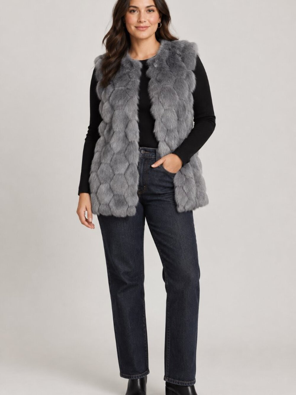 SIONI Womens Bubble Faux Fur Vest M Medium Gray Winter Chic Fashion Soft